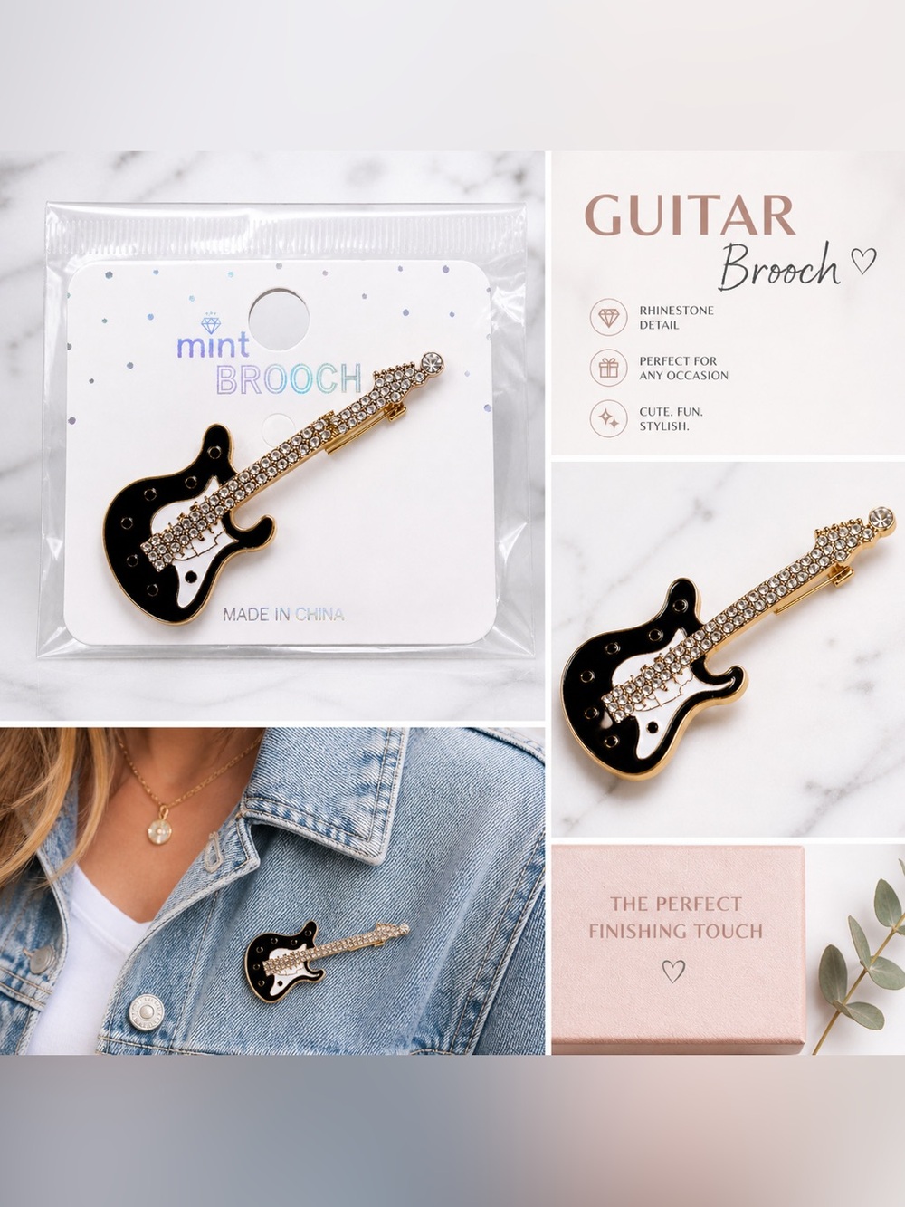 Guitar Brooch Pin Rhinestone Gold Black Cute Jewelry Music Lover Gift NWT